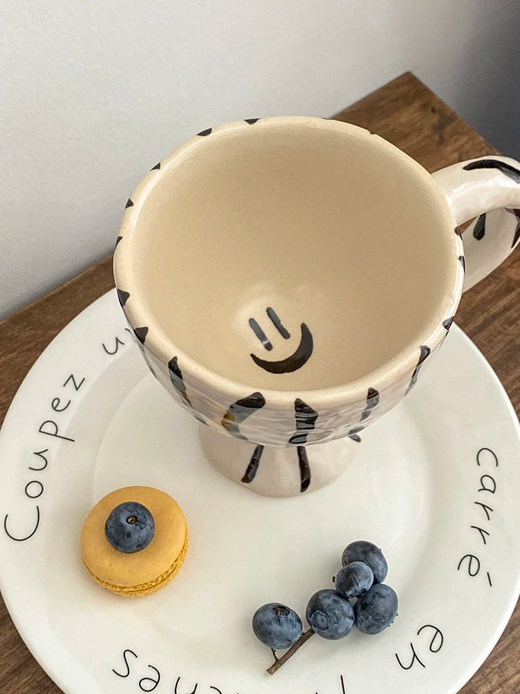 Korean Vintage Hand Pinch Mark Ceramic Coffee Cup Breakfast Milk Cup Funny Ceramic Cup Gift Striped Leopard Print Decorative Cup