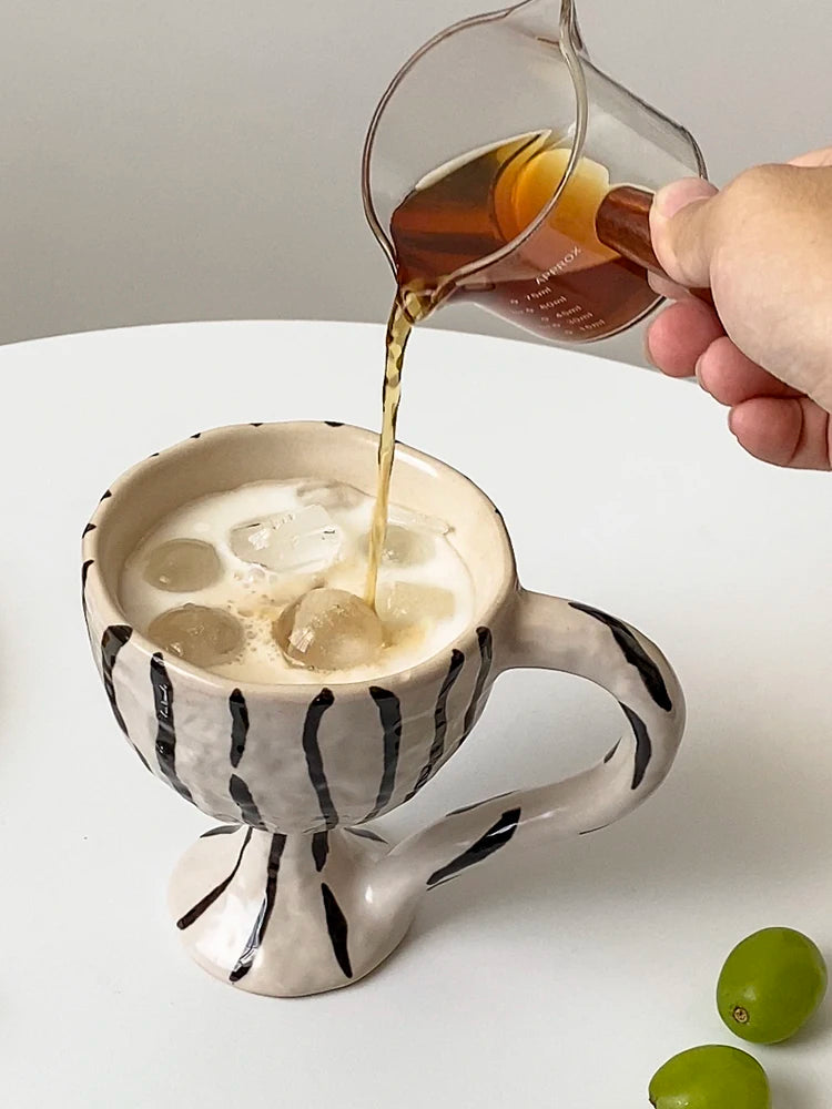 Korean Vintage Hand Pinch Mark Ceramic Coffee Cup Breakfast Milk Cup Funny Ceramic Cup Gift Striped Leopard Print Decorative Cup