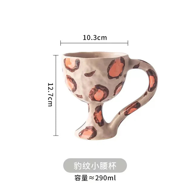 Korean Vintage Hand Pinch Mark Ceramic Coffee Cup Breakfast Milk Cup Funny Ceramic Cup Gift Striped Leopard Print Decorative Cup