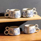 Hand drawn blue and white ceramic coffee cup office Japanese breakfast underglaze colored mug