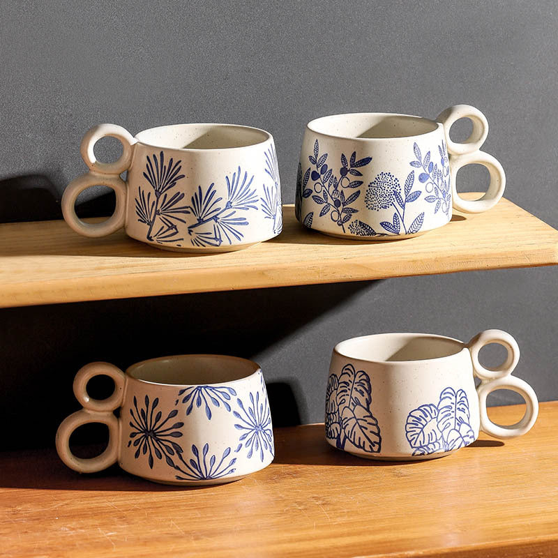 Hand drawn blue and white ceramic coffee cup office Japanese breakfast underglaze colored mug