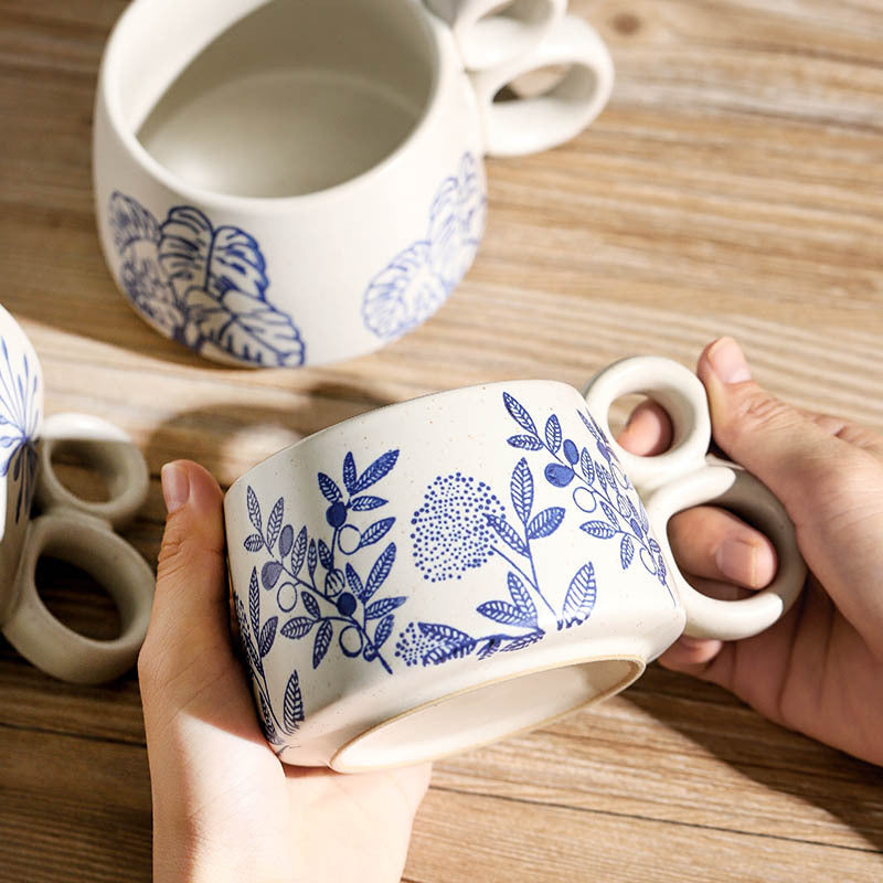 Hand drawn blue and white ceramic coffee cup office Japanese breakfast underglaze colored mug