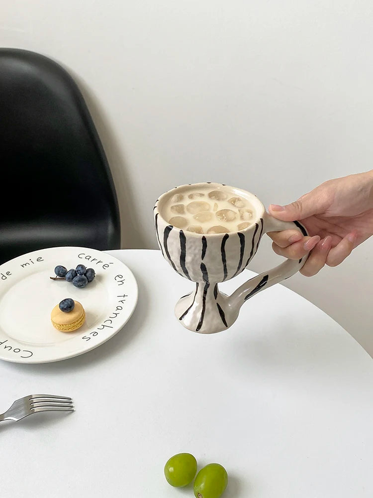 Korean Vintage Hand Pinch Mark Ceramic Coffee Cup Breakfast Milk Cup Funny Ceramic Cup Gift Striped Leopard Print Decorative Cup