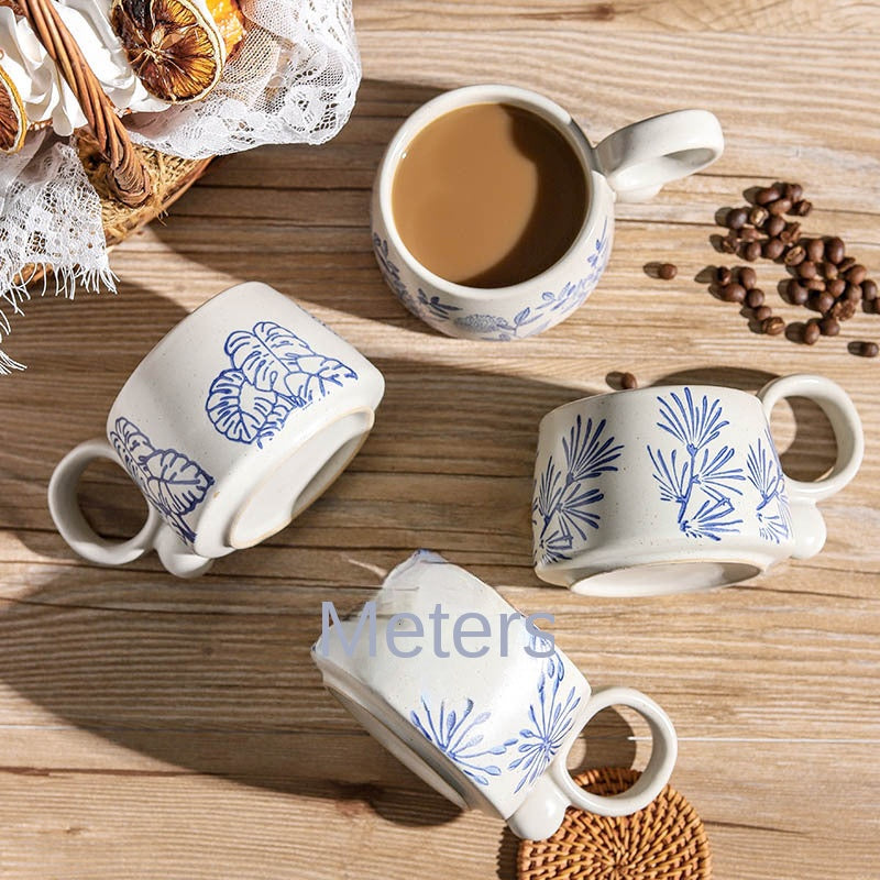 Hand drawn blue and white ceramic coffee cup office Japanese breakfast underglaze colored mug