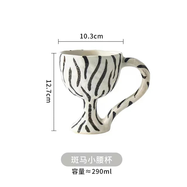 Korean Vintage Hand Pinch Mark Ceramic Coffee Cup Breakfast Milk Cup Funny Ceramic Cup Gift Striped Leopard Print Decorative Cup