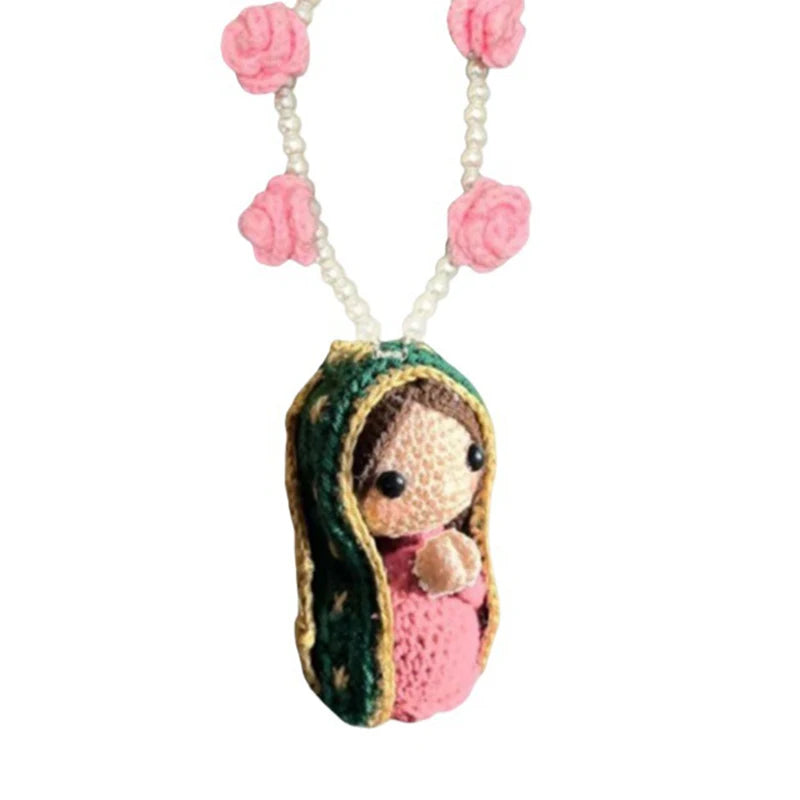 Cute Mary Statue Car Interior Decoration, Handmade Virgin Mary Charm Crochet, Elegant Religious Figurines Hanging Decor