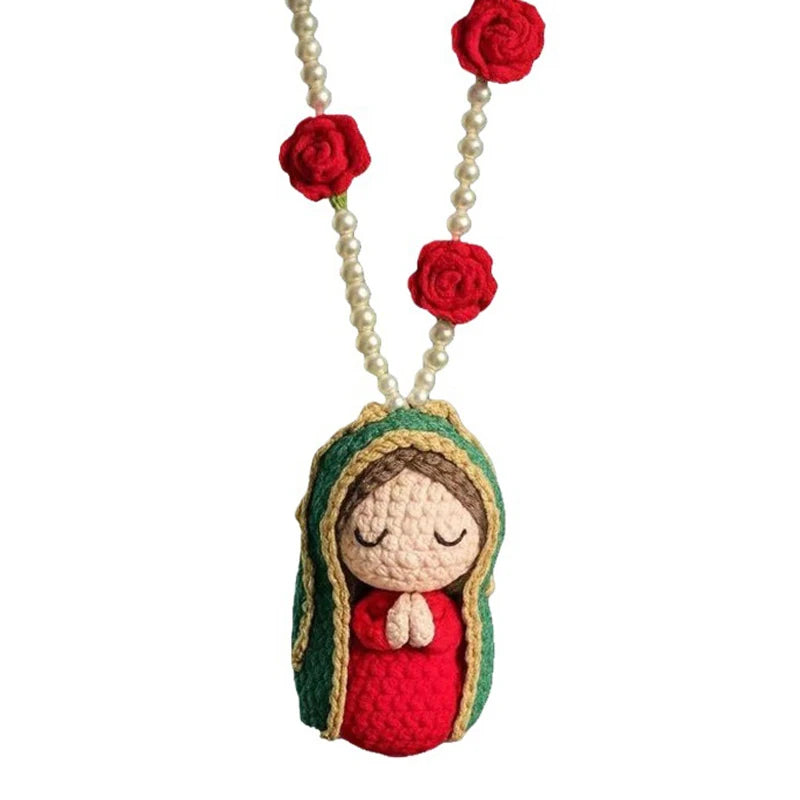 Cute Mary Statue Car Interior Decoration, Handmade Virgin Mary Charm Crochet, Elegant Religious Figurines Hanging Decor