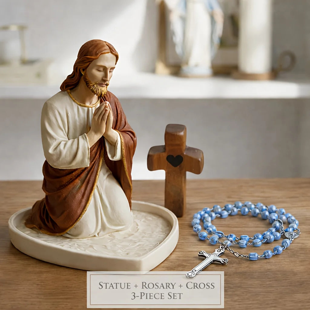 Jesus Virgin Mary Praying Statue Holder Heart Shaped Tray for Rosary Beads for Catholic Home Altar Prayer Corner  Religious Gift