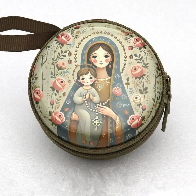 Religious Rosary Storage Pouch Iron Artwork Durable Zippered Bag for Prayer Beads Gifts Church Accessories