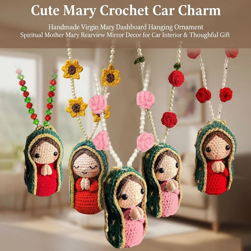 Cute Mary Statue Car Interior Decoration, Handmade Virgin Mary Charm Crochet, Elegant Religious Figurines Hanging Decor