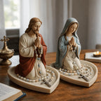 Jesus Virgin Mary Praying Statue Holder Heart Shaped Tray for Rosary Beads for Catholic Home Altar Prayer Corner  Religious Gift