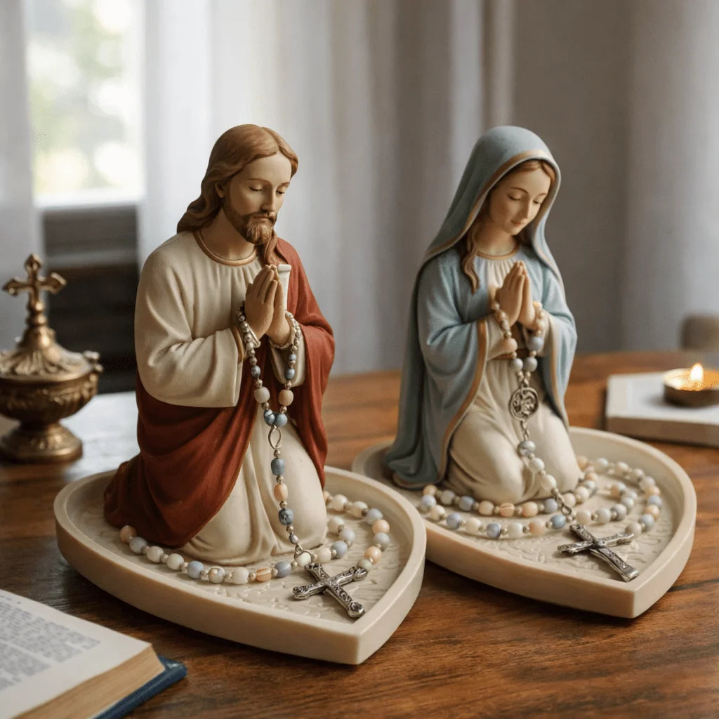 Jesus Virgin Mary Praying Statue Holder Heart Shaped Tray for Rosary Beads for Catholic Home Altar Prayer Corner  Religious Gift