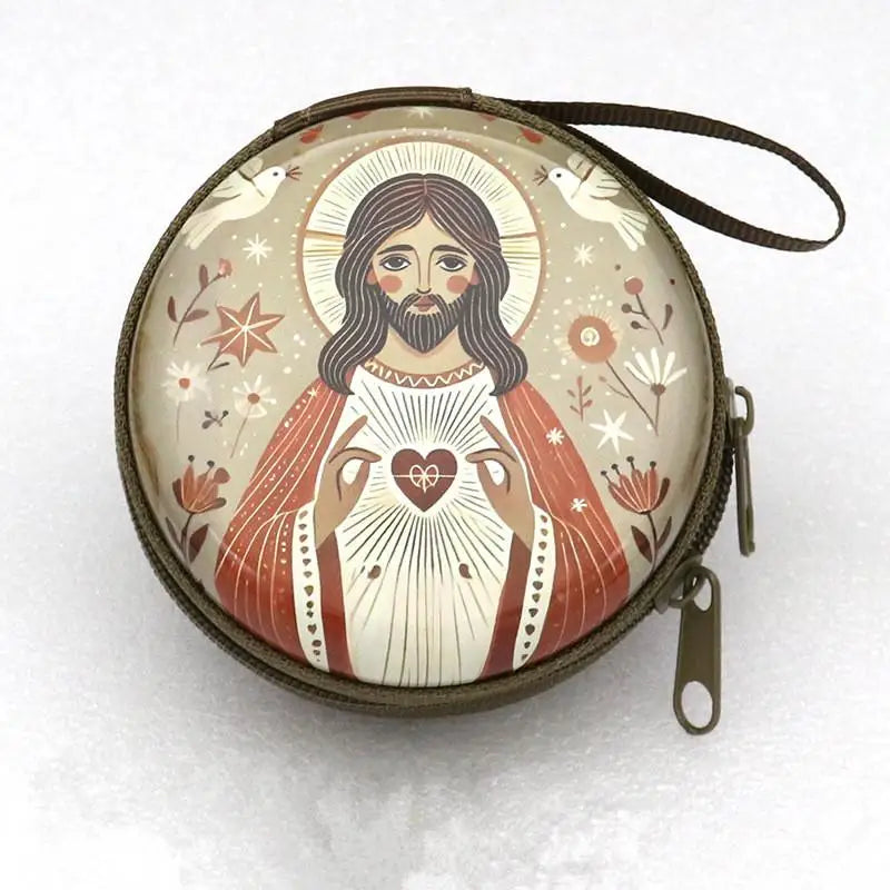 Religious Rosary Storage Pouch Iron Artwork Durable Zippered Bag for Prayer Beads Gifts Church Accessories