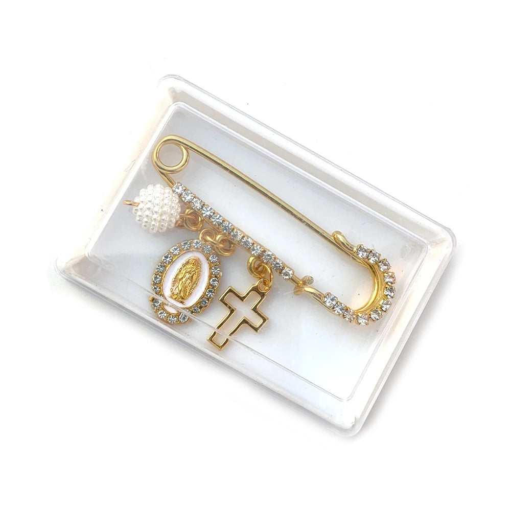 QIGO Religious Brooches Crystal Guadalupe Cross Acrylic Beads Tassel Pendant For Men Women With Box