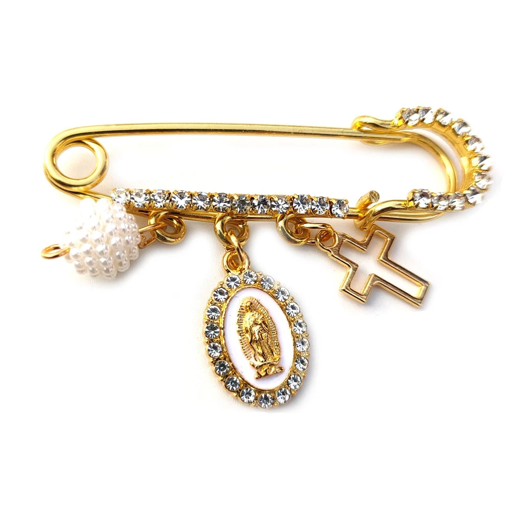 QIGO Religious Brooches Crystal Guadalupe Cross Acrylic Beads Tassel Pendant For Men Women With Box