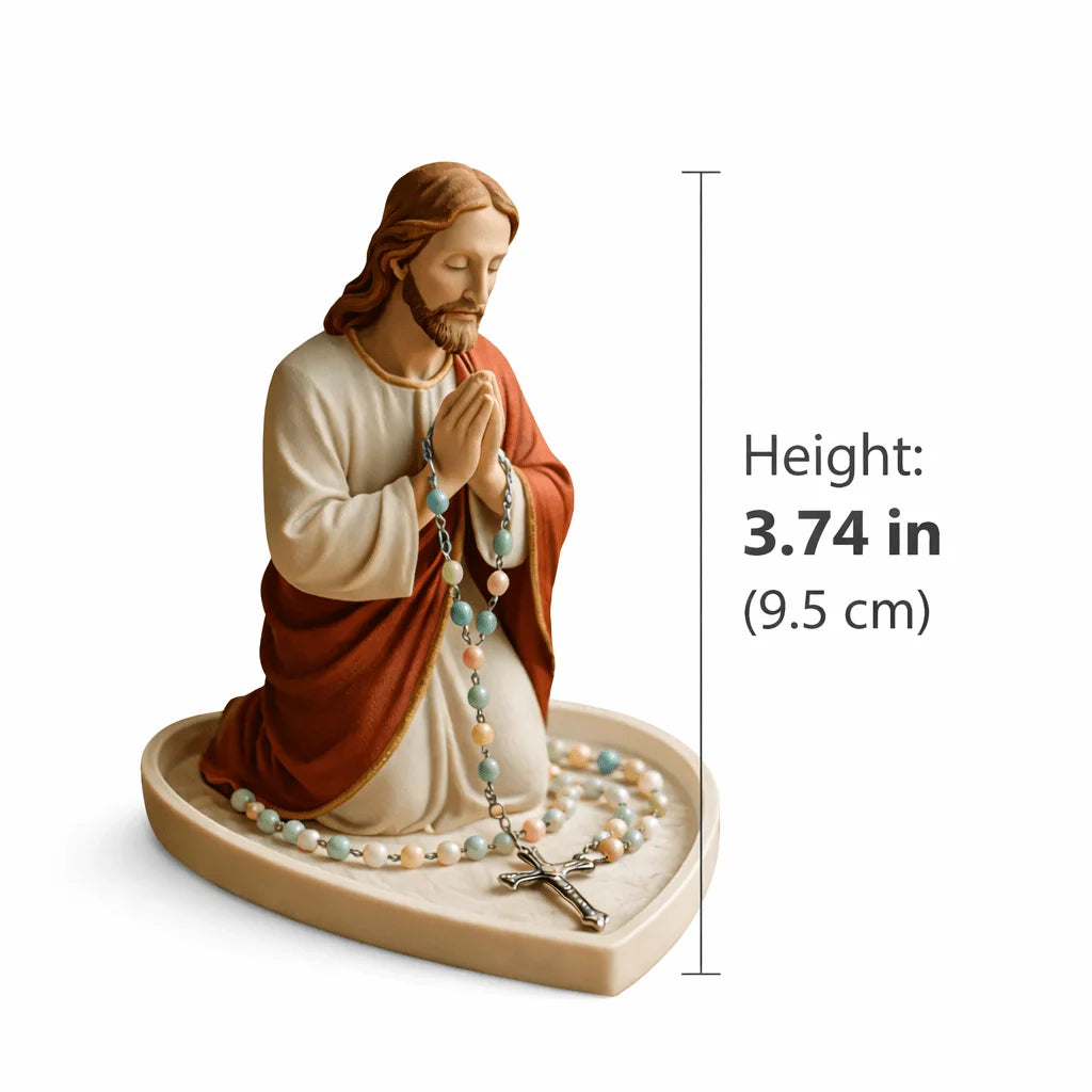 Jesus Virgin Mary Praying Statue Holder Heart Shaped Tray for Rosary Beads for Catholic Home Altar Prayer Corner  Religious Gift