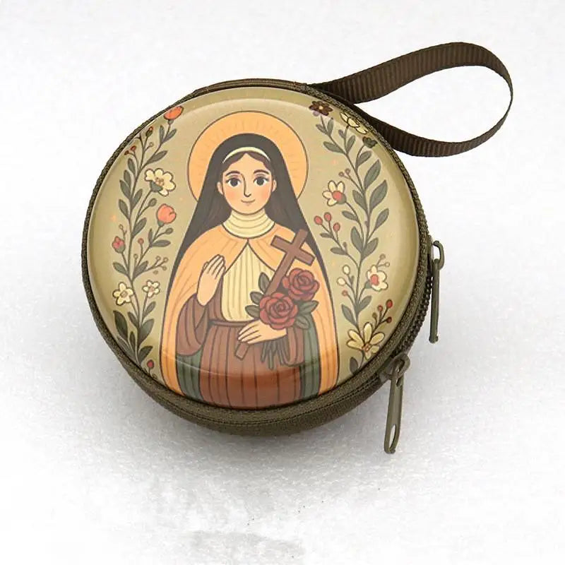 Religious Rosary Storage Pouch Iron Artwork Durable Zippered Bag for Prayer Beads Gifts Church Accessories