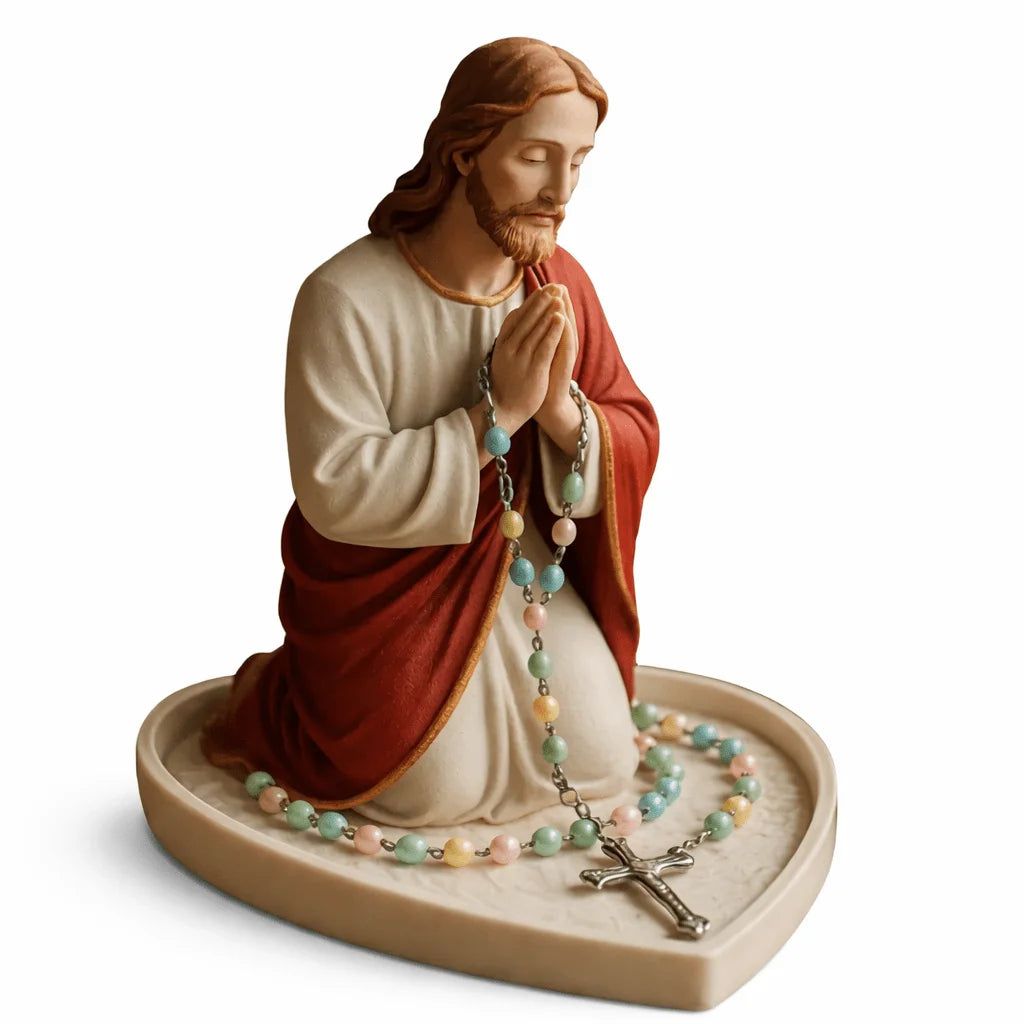 Jesus Virgin Mary Praying Statue Holder Heart Shaped Tray for Rosary Beads for Catholic Home Altar Prayer Corner  Religious Gift